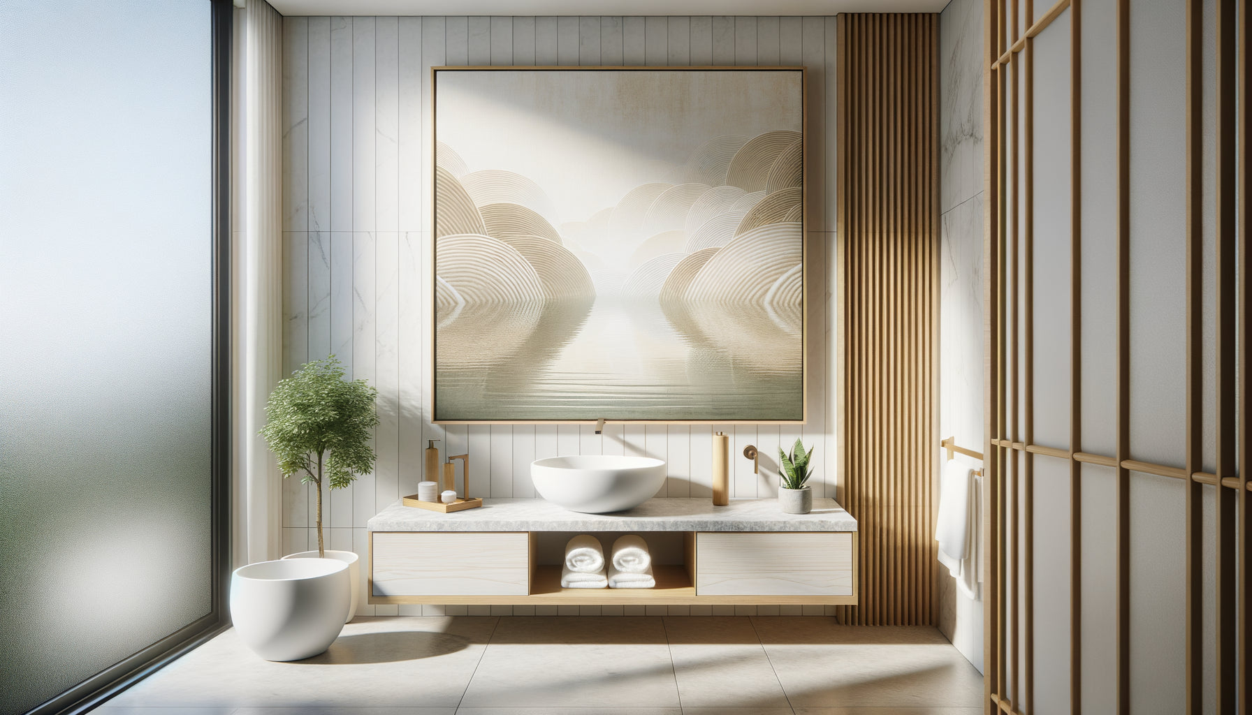 Tableau apaisant aux tons beiges et verts dans une salle de bain zen minimaliste contemporaine