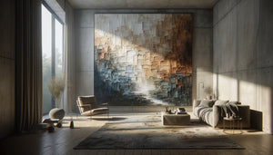 Tableau abstrait contemporain aux textures riches révélant progressivement ses détails selon la lumière et les saisons