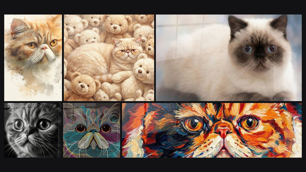 Mosaico de seis cuadros, entre ellos Gato Persa de Pelo Corto Acuarela y Retrato Realista Gato Exotic Shorthair