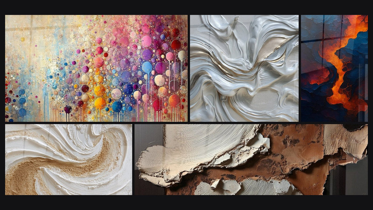 Mosaik aus fünf Gemälden, darunter Blut der Erde und Abstrakte Texturen Erde und Creme