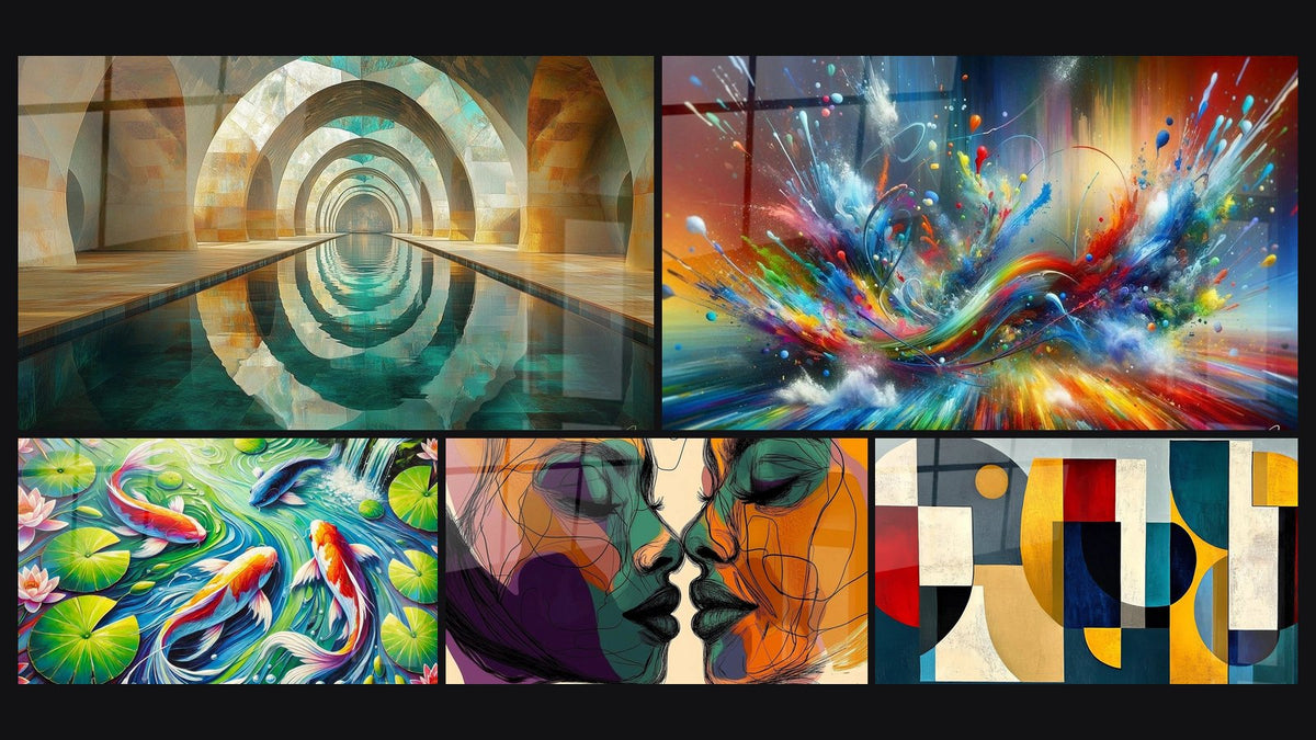 Mosaic of five paintings, including Silent Arch Teal, Water Garden and One Silence