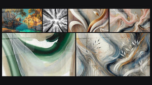 Mosaico de seis cuadros, entre ellos Cala mediterránea, Bosque Vista Panorámica y Aliento de Oro