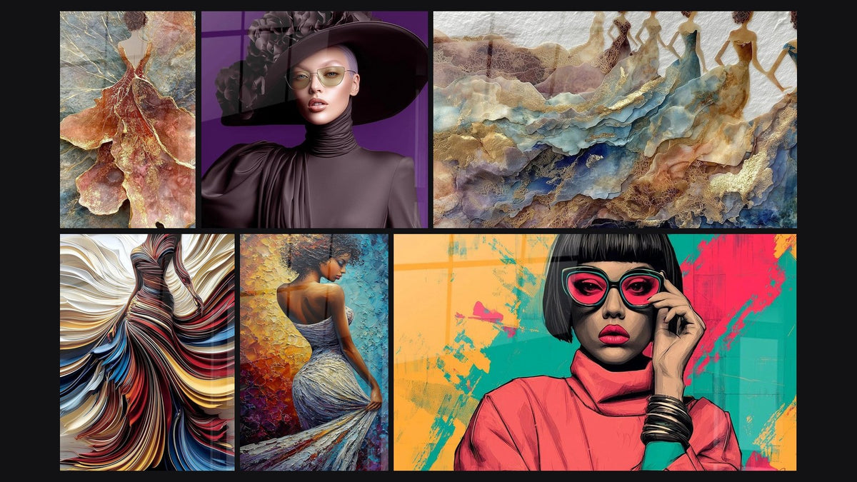 Mosaïque de six tableaux, dont Robe Somptueuse, Contemporain et Femme Classe