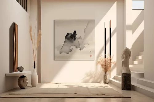Intérieur moderne avec une peinture asiatique et des éléments de décoration minimalistes