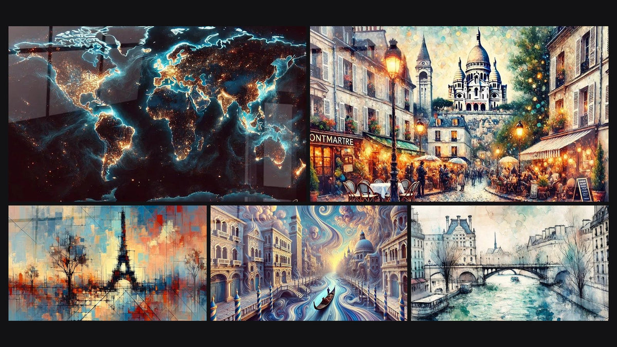 Mosaico di cinque quadri, tra cui Carta del Mondo N°2, Parigi N°1 e Venezia N°3
