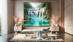 Intérieur spa contemporain avec grand tableau de cascade aquatique créant une ambiance zen et relaxante