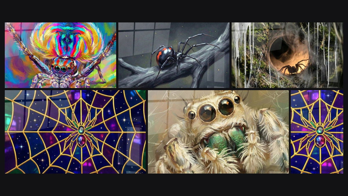 Mosaïque de six tableaux, dont Araignée Noire et Rouge sur Branche Grise