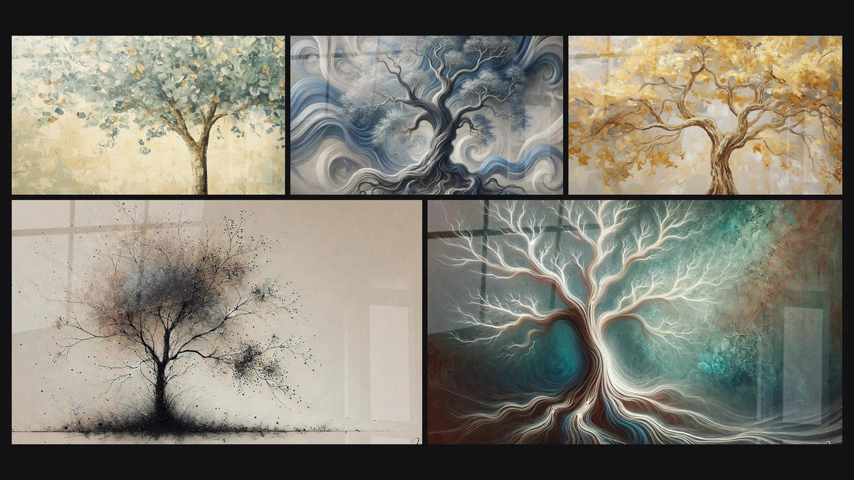 Mosaïque de cinq tableaux, dont L'Héritage des Âmes, Harmonie Éphémère et Fusion de l'Arbre et du Vent