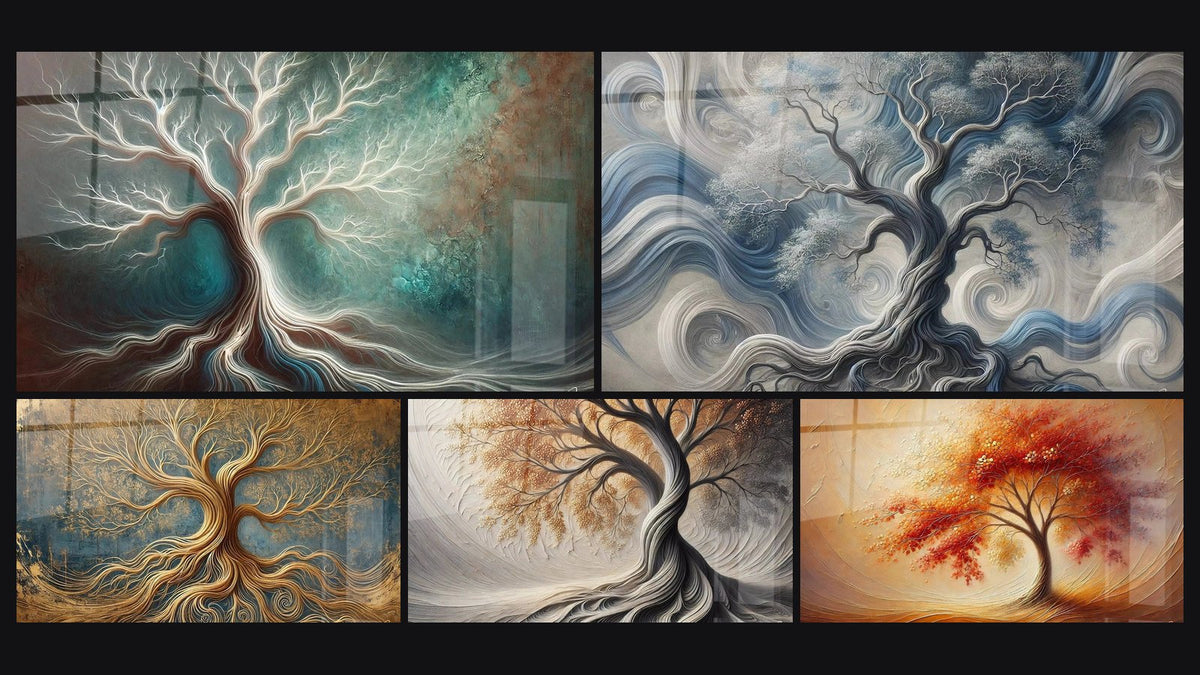Mosaïque de cinq tableaux, dont Harmonie Éphémère, Fusion de l'Arbre et du Vent et Arbre de la Vie Éternelle