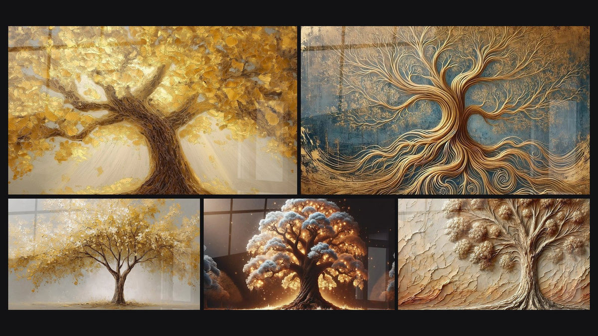 Mosaïque de cinq tableaux, dont Arbre de la Vie Éternelle, Arbre de Nuit et Arbre d'Antan