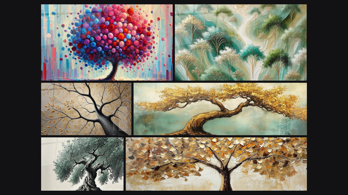 Mosaik aus sechs Gemälden, darunter Baum der Freude, Wurzeln und Winde und Wurzeln des Himmels