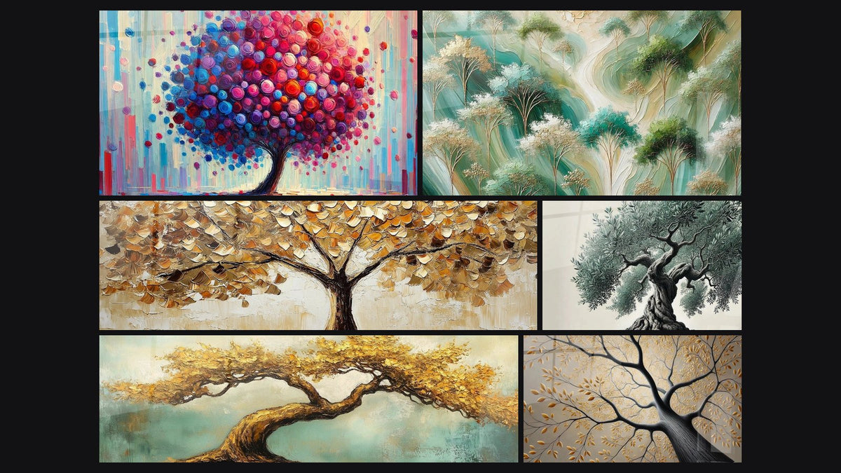 Mosaik aus sechs Gemälden, darunter Baum der Freude, Wurzeln und Winde und Wurzeln des Himmels
