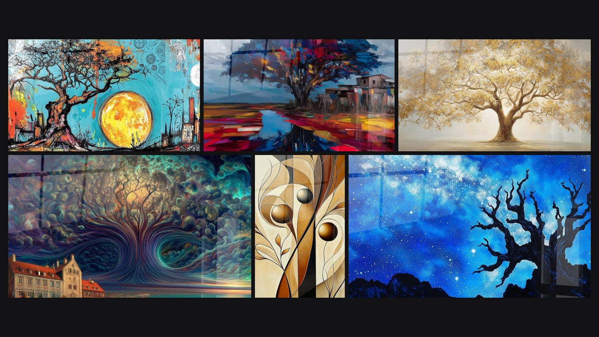 Mosaïque de six tableaux, dont Arbre Danseur sous la lune dorée, Arbre Gardien du village et Arbre Racines Célestes