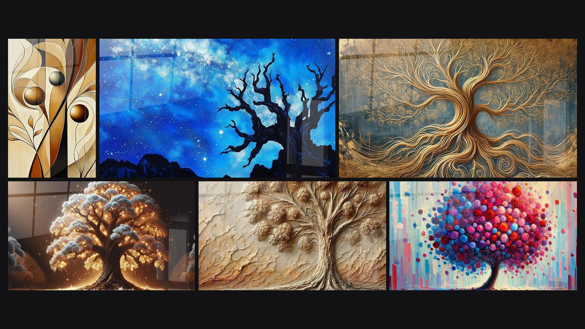 Mosaico de seis cuadros, entre ellos Árbol Canto de Formas, Árbol Cósmico y Árbol de la Vida Eterna