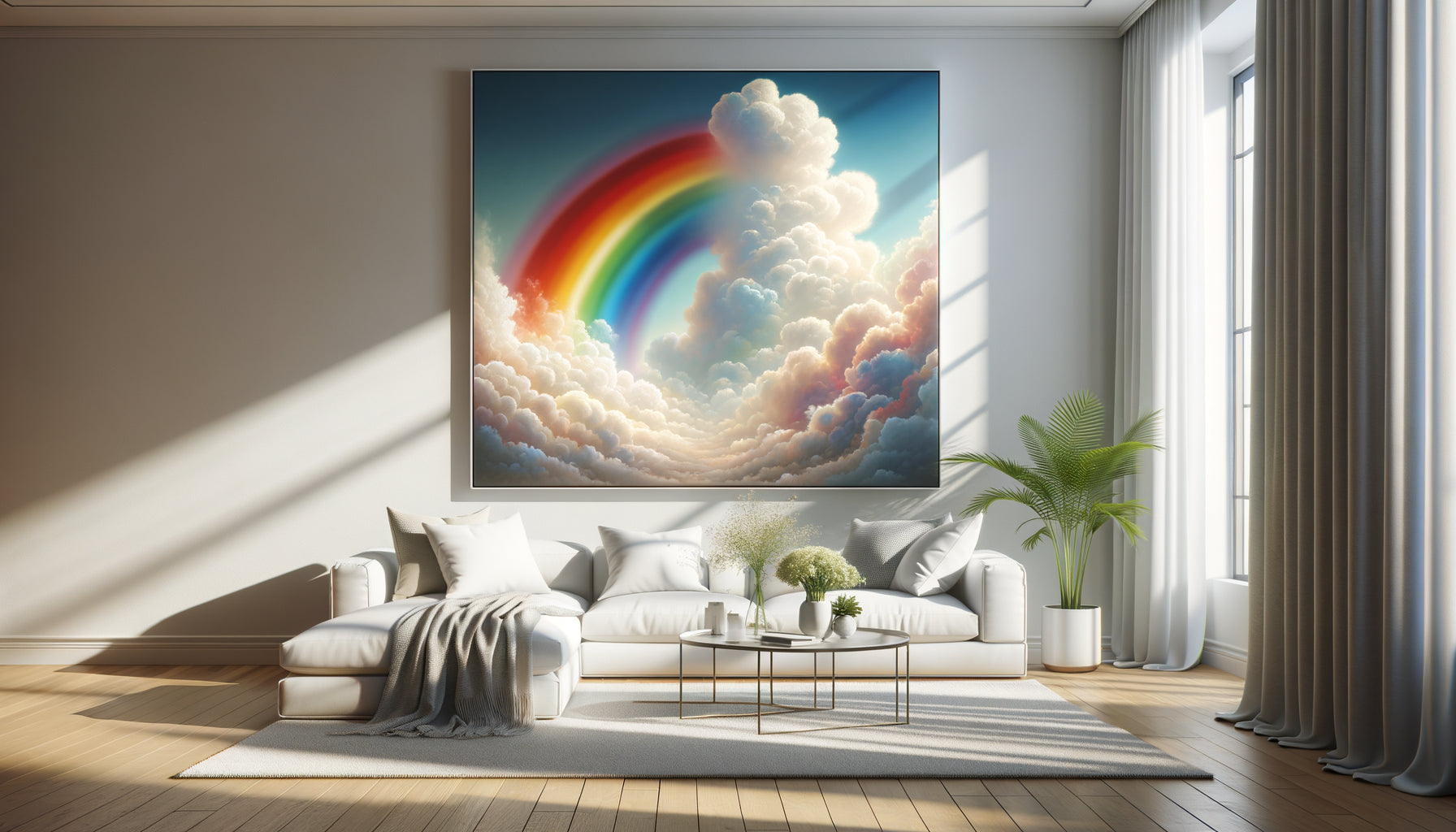 Tableau contemporain d'arc-en-ciel et nuages colorés créant une atmosphère joyeuse dans un intérieur moderne lumineux