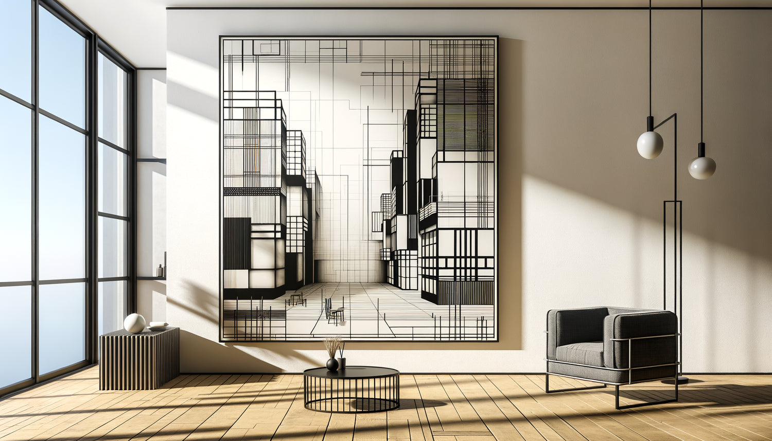 Tableau d'architecture géométrique moderne aux lignes épurées noires sur fond blanc dans intérieur Airbnb minimaliste contemporain