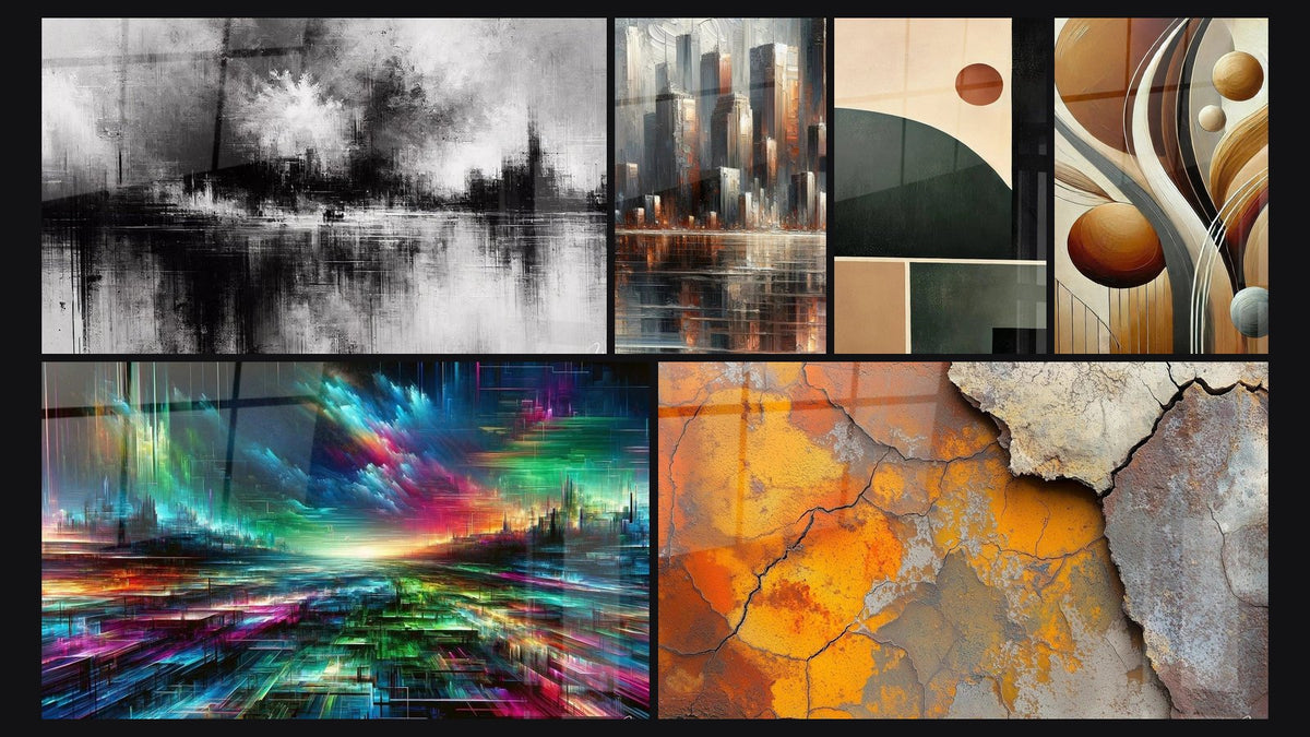 Mosaic of six paintings, including Urban Mists, Urban Consciousness Mirage and Urban Reflections