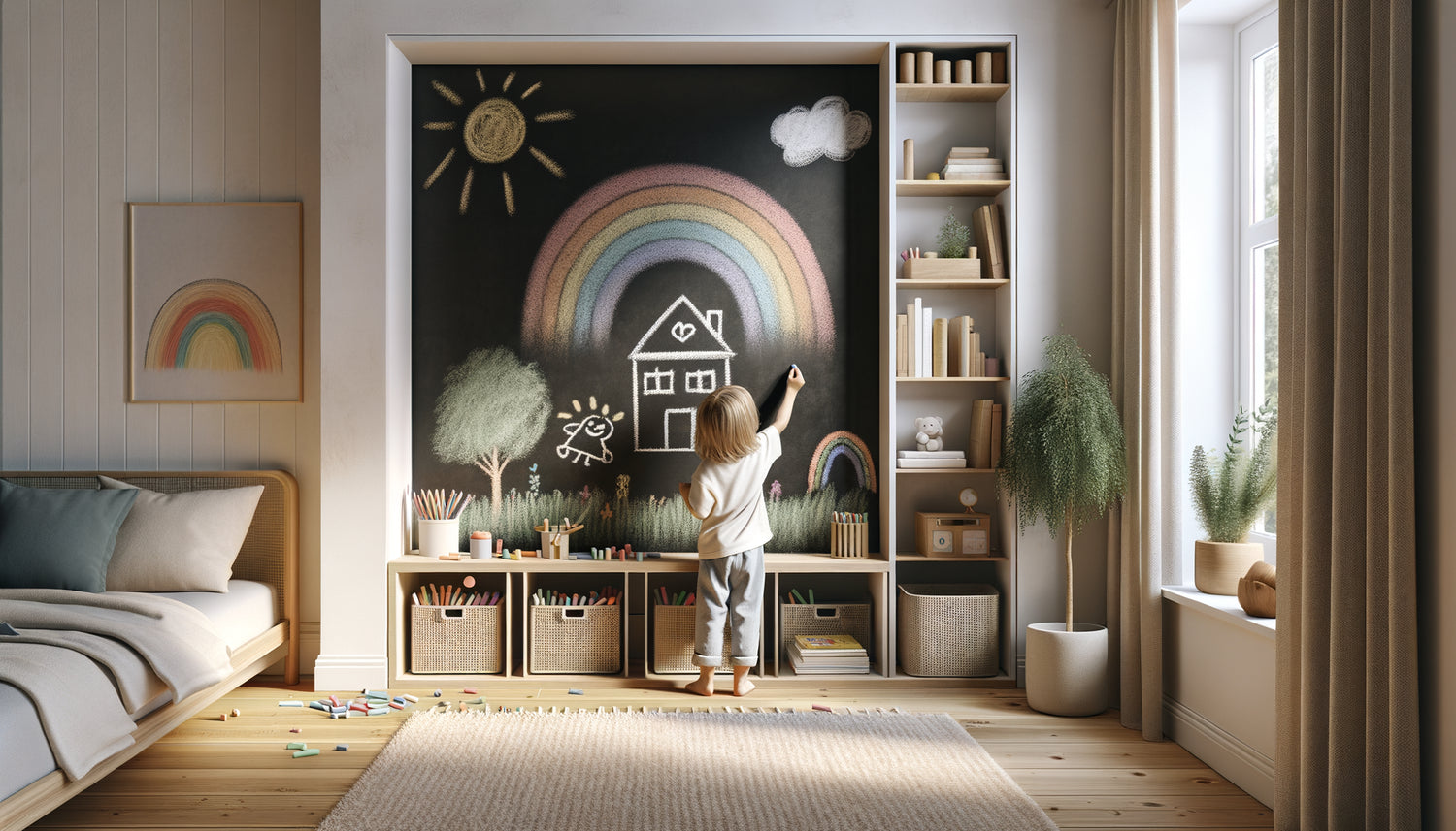 Chambre d'enfant contemporaine avec grand tableau ardoise noir où un enfant dessine à la craie colorée