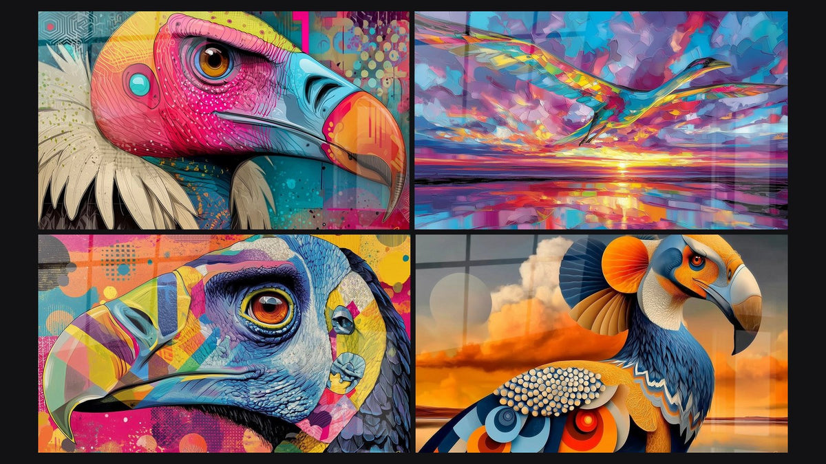 Mosaïque de quatre tableaux, dont Vautour Coloré, Argentavis Multicolore et Argentavis Stylisé