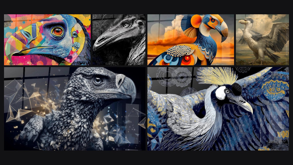 Mosaic of six paintings, including Multicolor Argentavis, Futuristic Argentavis and Prehistoric Bird
