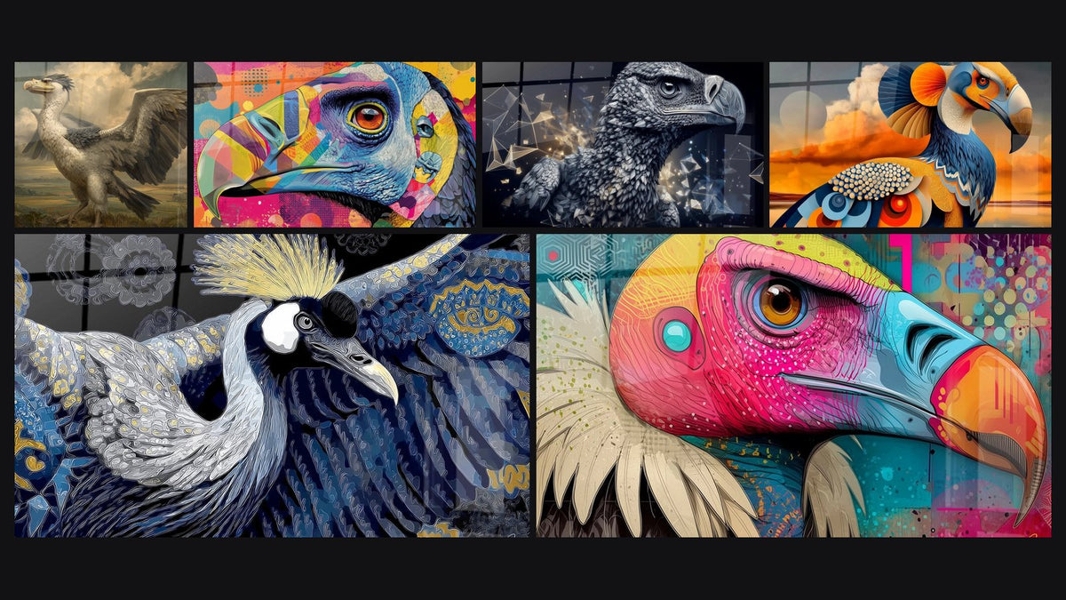 Mosaico di sei quadri, tra cui Argentavis Tavolo Multicolore, Argentavis Futurista di e Argentavis Stilizzata