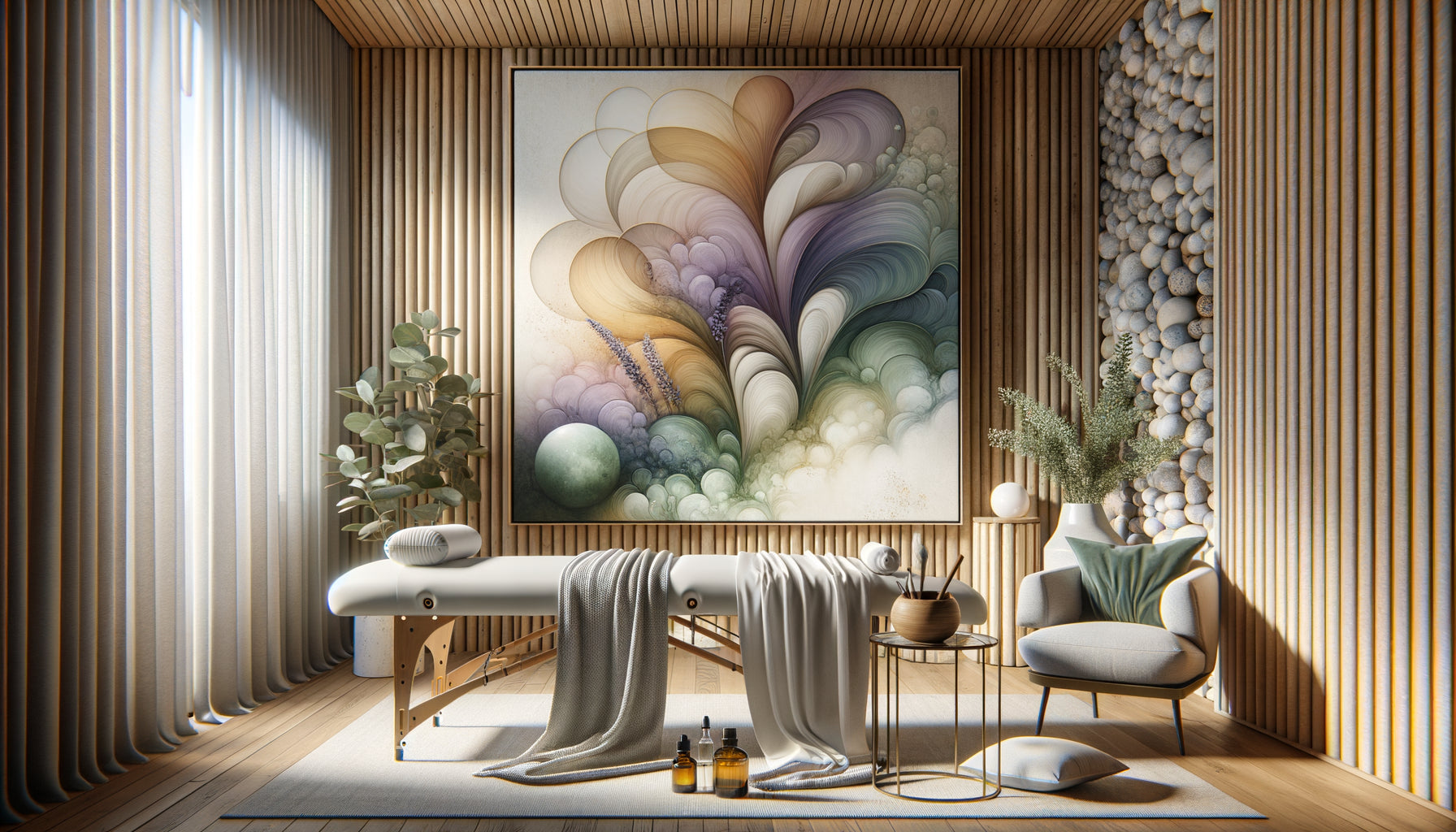 Tableau abstrait aux tons lavande et eucalyptus au-dessus d'une table de massage, diffuseur d'huiles essentielles créant une harmonie sensorielle spa