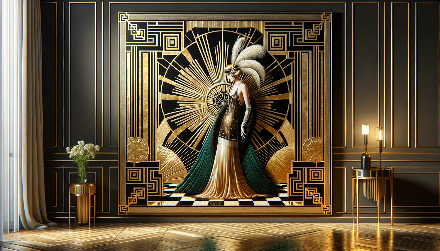 Tableau Art déco années 20 aux motifs géométriques or et émeraude dans cadre doré, style glamour années folles