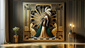 Tableau Art déco années 20 aux motifs géométriques or et émeraude dans cadre doré, style glamour années folles