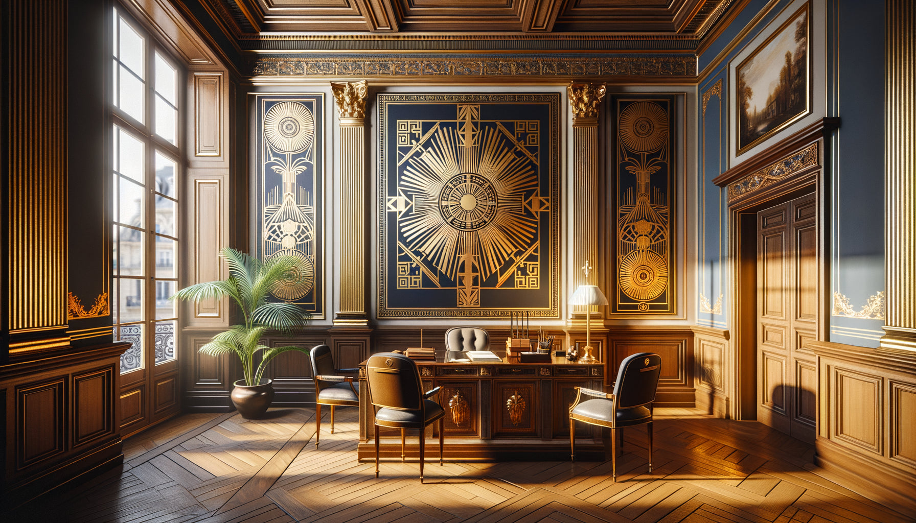 Tableau art déco années 1920 avec motifs géométriques dorés dans cabinet professionnel au sein d'un bâtiment historique avec boiseries anciennes
