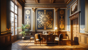 Tableau art déco années 1920 avec motifs géométriques dorés dans cabinet professionnel au sein d'un bâtiment historique avec boiseries anciennes