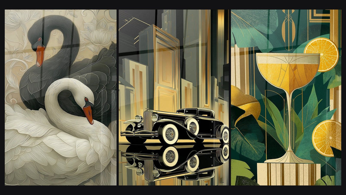 Mosaïque de trois tableaux : Cygnes, Automobile Vintage et Cocktail Art Déco