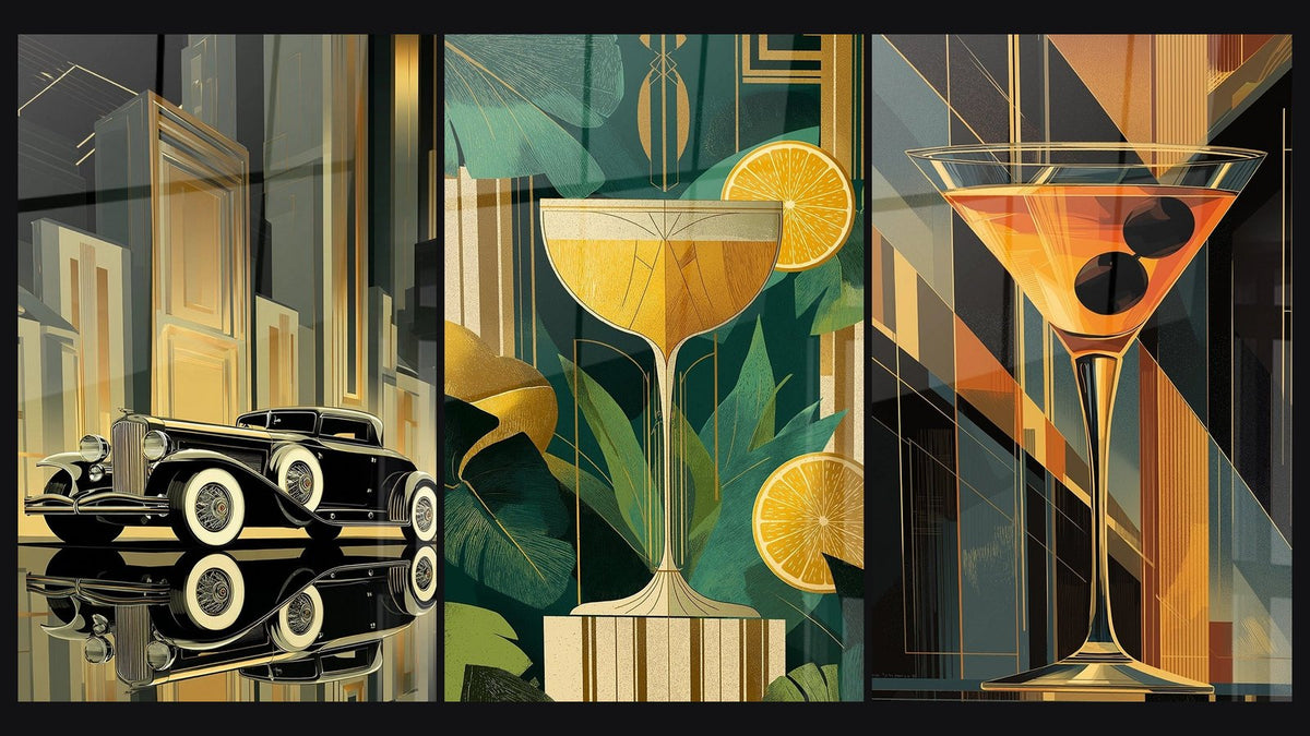 Mosaïque de trois tableaux : Automobile Vintage, Cocktail Art Déco et Cocktail Martini