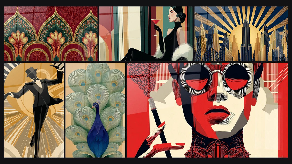 Mosaïque de six tableaux, dont Arches Orientales, Femme Art Déco Cocktail et Gratte-ciel Art Déco