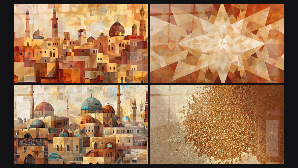 Mosaik aus vier Gemälden, darunter Orientale Goldene Architektur Geometrisch