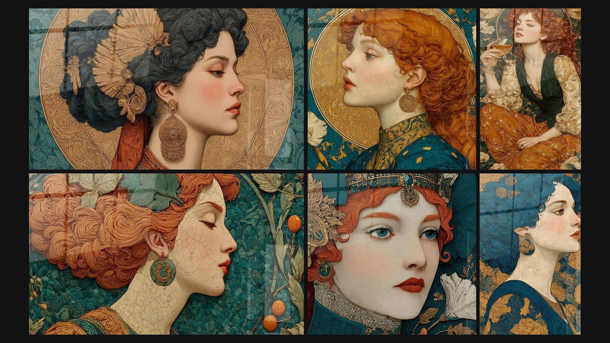 Mosaïque de six tableaux, dont Femme Splendeur Dorée, Femme Grâce Byzantine et Femme Profil Contemplatif