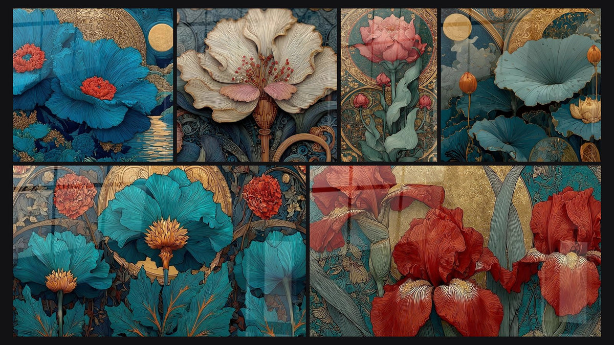 Mosaico di sei quadri, tra cui Fiori blu Danza acquatica, Fiori Rinascimento Floreale e Fiore Carezza Luminosa