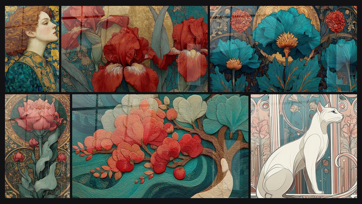 Mosaïque de six tableaux, dont Femme Profil Rêverie Florale, Iris Luxure Végétale et Lotus Sérénité Ornée