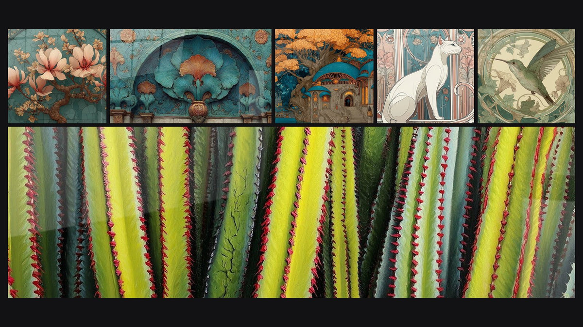 Mosaico de seis cuadros, entre ellos Magnolia Emoi Rojo Carmesí y Arquitectura Palacio Acuático