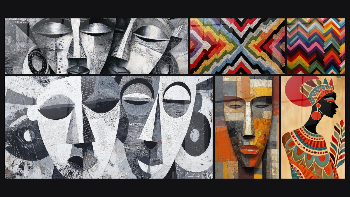 Mosaïque de six tableaux, dont Masques Africains, Masques Africains Abstraits et Masque Cubiste