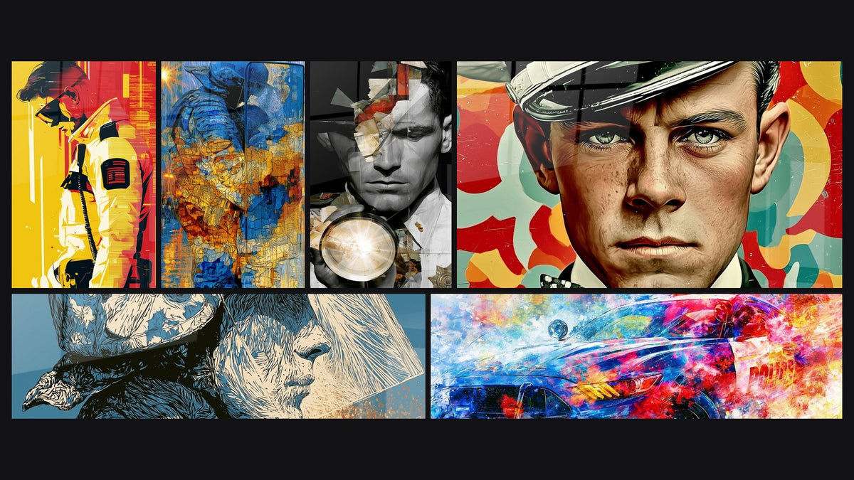 Mosaico de seis cuadros, entre ellos Oficial con walkie-talkie amarillo y rojo y Oficial Sosteniendo una Linterna Encendida