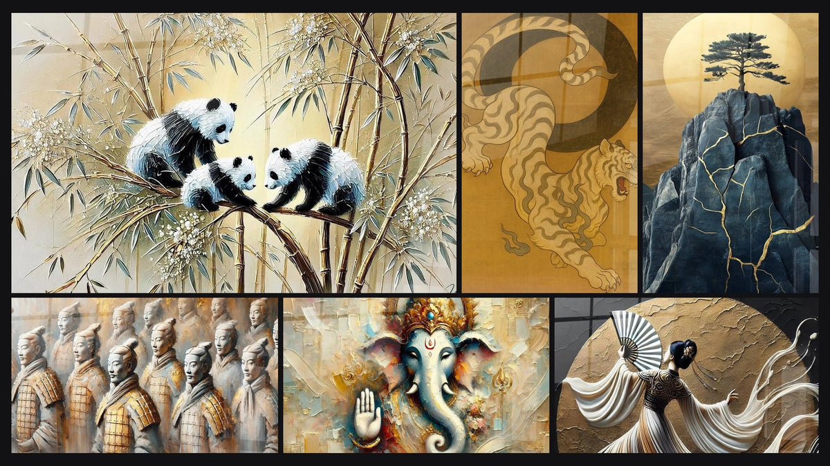 Mosaïque de six tableaux, dont Gardiens du Bambou, Garde du Vide -Édition Chinois Asia et Les Guerriers du Temps
