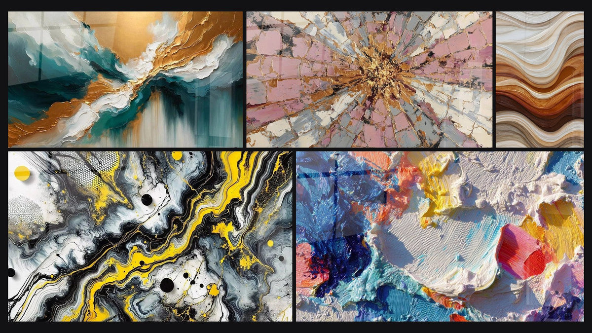 Mosaïque de cinq tableaux, dont Lumière des Abysses, Impact Noir et Explosion Rose et Or à Centre Rayonnant