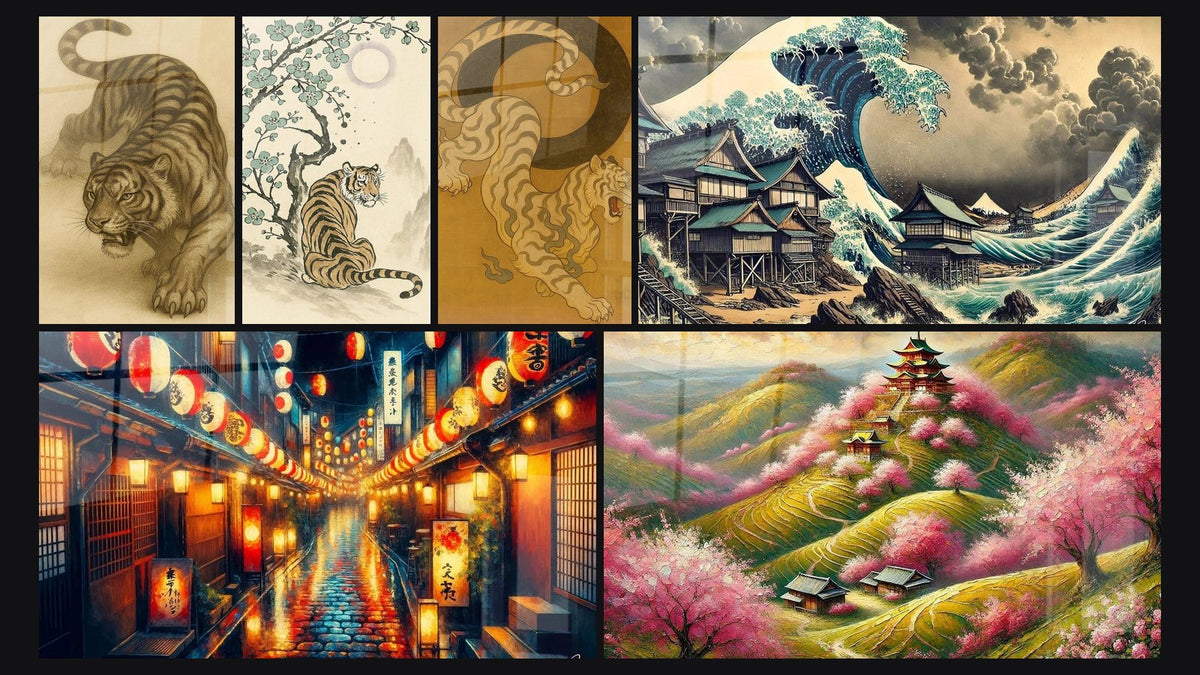 Mosaïque de six tableaux, dont Silence Féroce -Édition Chinois Asia et L’Attente Sauvage -Édition Chinois Asia