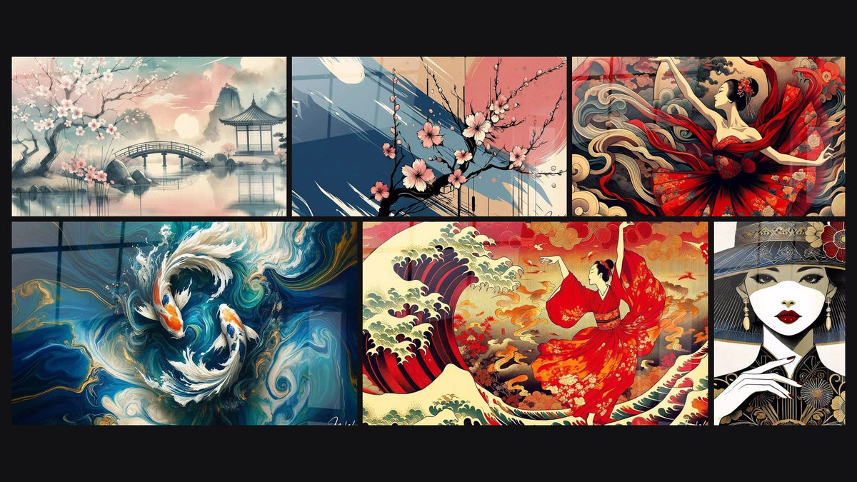 Mosaïque de six tableaux, dont Douceur du Printemps, Danse des Koi et Valse en Rouge