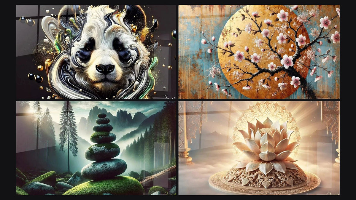 Mosaico de cuatro cuadros, entre ellos Fluidez Zen, Dulzura Floral y Equilibrio Forestal