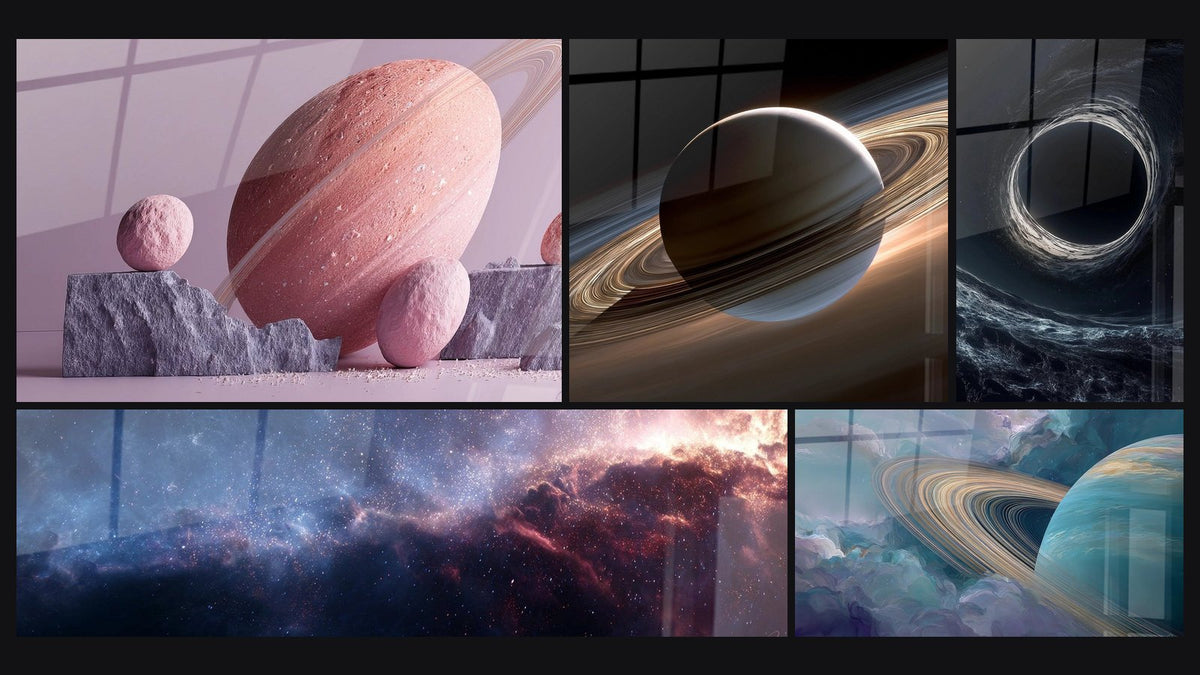 Mosaïque de cinq tableaux, dont Planète rose avec anneaux, Saturne et ses anneaux et Paysage cosmique