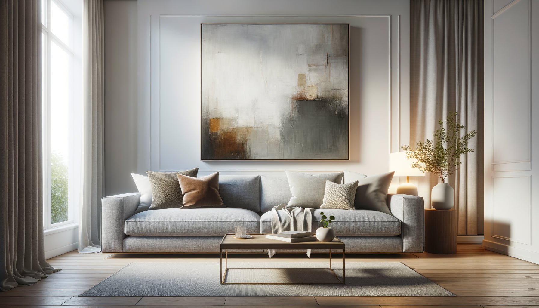 Salon moderne avec grand tableau abstrait parfaitement proportionné au-dessus d'un canapé gris, démontrant les règles d'accrochage idéales