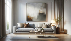Salon moderne avec grand tableau abstrait parfaitement proportionné au-dessus d'un canapé gris, démontrant les règles d'accrochage idéales