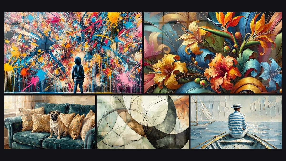 Mosaico de cinco cuadros, entre ellos Explosiones, Los Lazos Invisibles y El Arte del Agua