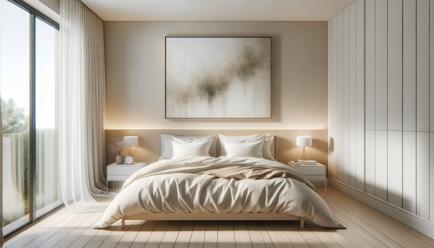 Chambre contemporaine avec tableau encadré suspendu au-dessus du lit, illustrant la pratique déconseillée par les décorateurs